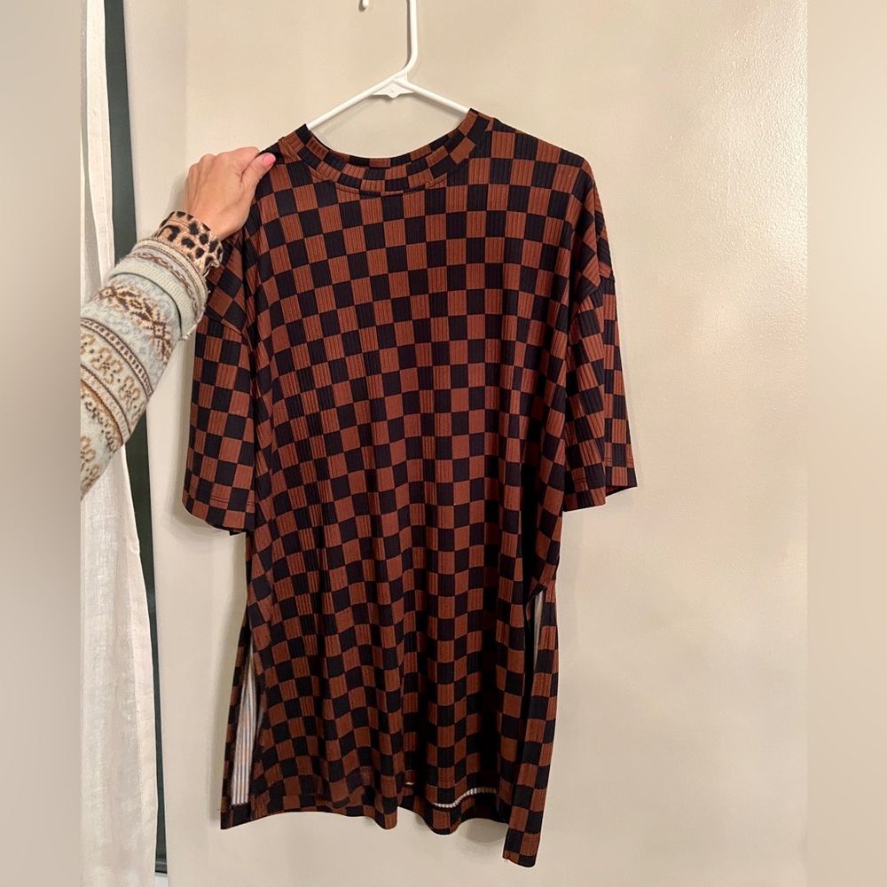 Dressed in LALA Lex ribbed play suit in mocha checkerboard, top only